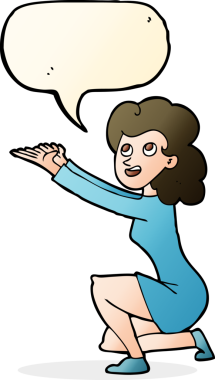 Bir insan tarafından çizilmiş konuşma balonuyla sunum yapan bir karikatür kadını.