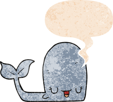 çizgi film mutlu balina konuşma balonu ile grunge sıkıntılı retro dokuma bir insan tarafından çizilmiş