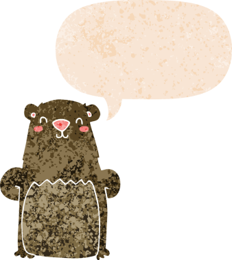 Bir insan tarafından çizilmiş grunge sıkıntılı retro biçimli konuşma balonu ile çizgi film ayısı