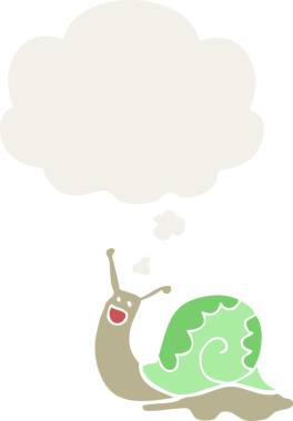 Düşünce baloncuğu insan tarafından çizilmiş sevimli çizgi film salyangozu.