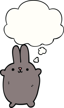 Bir insan tarafından çizilmiş düşünce kabarcığı olan çizgi film tavşanı.