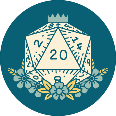 Retro Dövme Biçimi Doğal 20 D20 zar bir insan tarafından çizilmiş çiçek elementleriyle