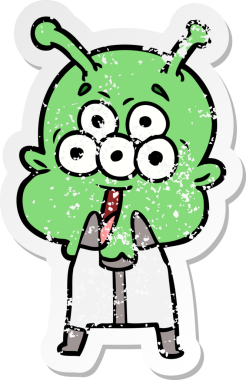 Mutlu çizgi film uzaylısının sıkıntılı çıkartması bir insan tarafından çizilmiş şaşkınlık içinde soluk soluğa