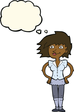 Bir insan tarafından çizilmiş düşünce baloncuğu olan elleri kalçasında çizgi film kadını.