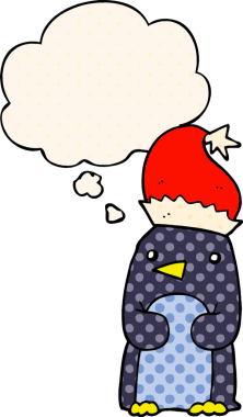 Bir insan tarafından çizilmiş çizgi roman tarzında düşünce baloncuğu olan şirin bir Noel pengueni.