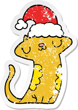 Bir insan tarafından çizilmiş Noel şapkası giyen sevimli bir çizgi film kedisinin sıkıntılı çıkartması.