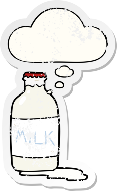 Düşünce baloncuğu olan çizgi film süt şişesi insan tarafından çizilmiş yıpranmış bir çıkartma.