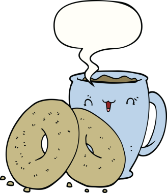 Bir insan tarafından çizilmiş konuşma balonlu kahve ve çörekler.