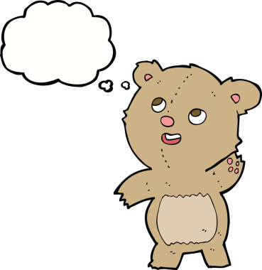 Bir insan tarafından çizilmiş düşünce baloncuklu şirin oyuncak ayı.