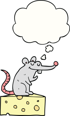 Bir insan tarafından çizilmiş düşünce balonlu peynirin üzerinde oturan çizgi film faresi.