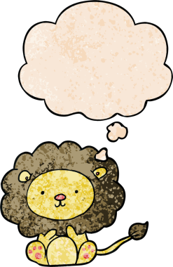 Bir insan tarafından çizilmiş grunge desenli düşünce baloncuklu çizgi film aslanı.