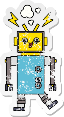 Bir insan tarafından çizilmiş sevimli bir robot çizgi film çıkartması.