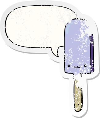 Karikatür buz lolipopu, konuşma baloncuğu bir insan tarafından çizilmiş sıkıntılı eski bir çıkartma.