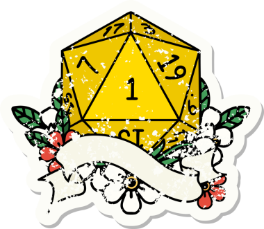 Bir insan tarafından çizilmiş doğal bir d20 zarının grunge çıkartması.