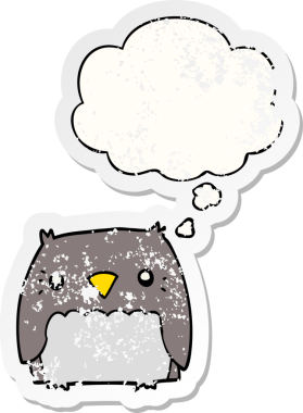 Düşünce baloncuğu olan sevimli çizgi film baykuşu bir insan tarafından çizilmiş yıpranmış bir çıkartma.