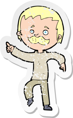 Bir insan tarafından çizilmiş bıyıklı bir çizgi film karakterinin gerilemiş retro yapıştırması.