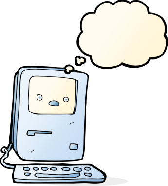 Bir insan tarafından çizilmiş düşünce baloncuklu eski bir bilgisayar.