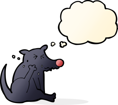 Bir insan tarafından çizilmiş düşünce baloncuğuyla çizilen çizgi film köpeği.