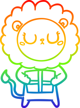 Gökkuşağı gradyan çizgi çizimi bir insan tarafından çizilmiş bir karikatür aslanının Noel hediyesi