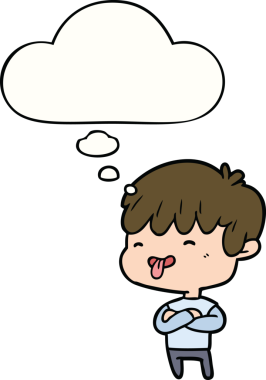 Çizgi filmci çocuk bir insan tarafından çizilmiş düşünce balonuyla dilini dışarı çıkarıyor.