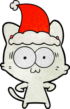 Bir insan tarafından çizilmiş Noel Baba şapkası giymiş şaşırmış bir kedinin el çizimi karikatürü.