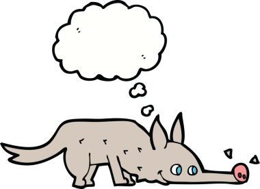 Bir insan tarafından çizilmiş düşünce baloncuğuyla yerde gezinen çizgi film köpeği.