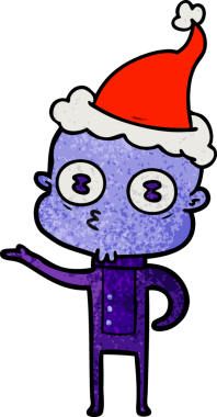 Bir insan tarafından çizilmiş Noel Baba şapkası giyen kel bir uzaylının el çizimi çizgi filmi.