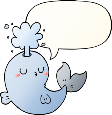 Çizgi film balinası konuşma baloncuğuyla su fışkırtıyor.