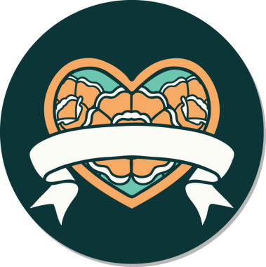 Geleneksel kalp stili dövme çıkartması ve bir insan tarafından çizilmiş çiçekli pankart.