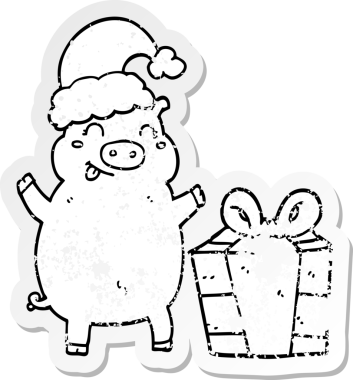 Üzüntülü bir çizgi film çıkartması. Bir insan tarafından çizilmiş mutlu noel domuzu.