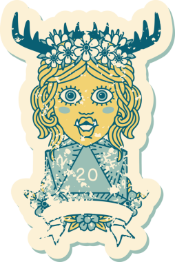 Retro Dövme Biçimli Ork karakteri bir insan tarafından çizilmiş 20 zar ile