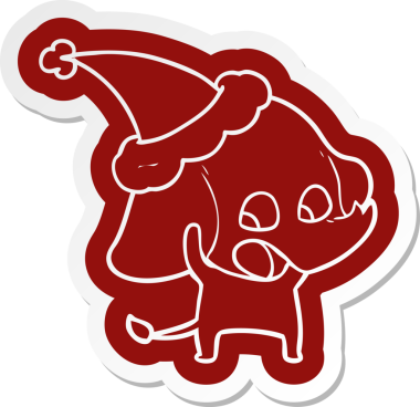 Bir insan tarafından çizilmiş Noel Baba şapkası giyen bir filin komik çizgi film çıkartması.