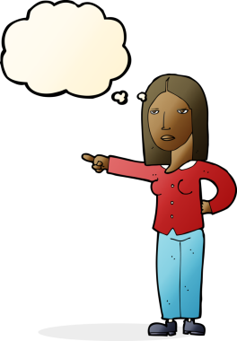 Bir insan tarafından çizilmiş düşünce balonuyla işaret eden çizgi film kadını.