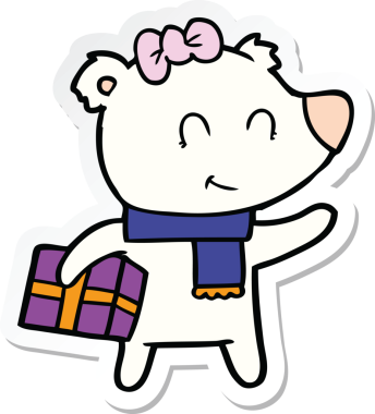 Bir insan tarafından çizilmiş Noel hediyeli dişi kutup ayısının çıkartması.