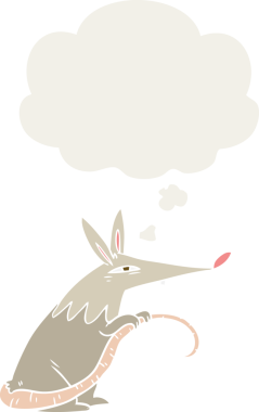 Düşünce baloncuğu olan bir insan tarafından çizilmiş çizgi film faresi.