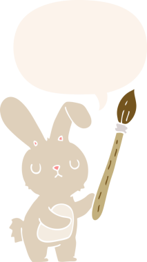 Boya fırçalı çizgi film tavşanı. Konuşma baloncuğu insan tarafından çizilmiş.