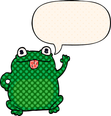 Çizgi roman tarzında konuşma balonu olan bir kurbağa insan tarafından çizilmiş.