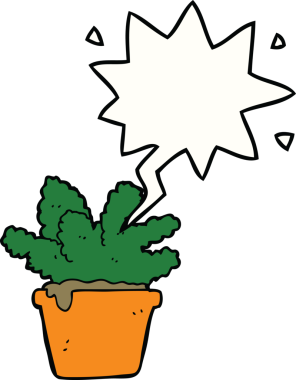 Bir insan tarafından çizilmiş konuşma balonlu karikatür evi bitkisi.