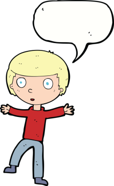 Bir insan tarafından çizilmiş konuşma balonuyla ürkmüş bir çocuk.