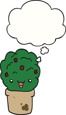 Bir insan tarafından çizilmiş düşünce baloncuğuyla saksıda çalı.