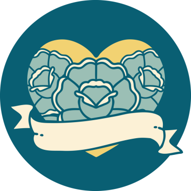 İkonik dövme stili bir kalp ve bir insan tarafından çizilmiş çiçekli pankart.