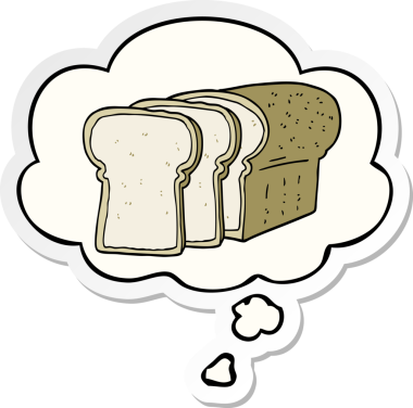 Düşünce baloncuğu ile dilimlenmiş ekmek bir insan tarafından çizilmiş çıkartma.