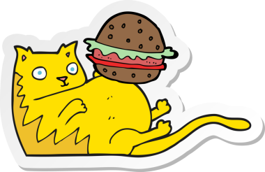 Bir insan tarafından çizilmiş hamburgerli şişman bir kedinin çıkartması.