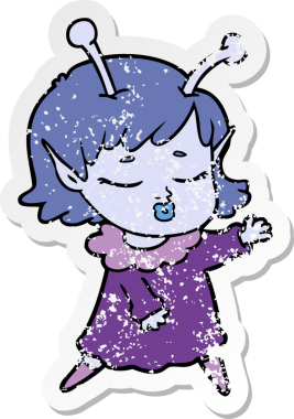 Bir insan tarafından çizilmiş sevimli bir uzaylı kız çizgi filminin sıkıntılı çıkartması.