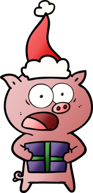 Bir insan tarafından çizilmiş Noel Baba şapkası giymiş bir domuzun el çizimi karikatürü.