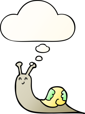 Bir insan tarafından çizilmiş, düşünce baloncuklu tatlı çizgi film salyangozu.