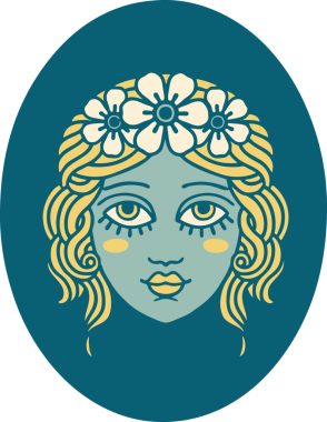 Bir insan tarafından çizilmiş saçlarında çiçekler olan bir bakirenin ikonik dövmesi.