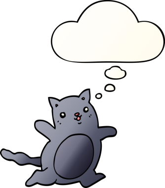 Bir insan tarafından çizilmiş yumuşak eğimli düşünce baloncuklu çizgi film kedisi.