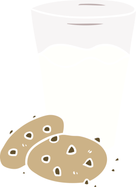 düz renkli çizgi film kurabiyeleri ve bir insan tarafından çizilmiş süt