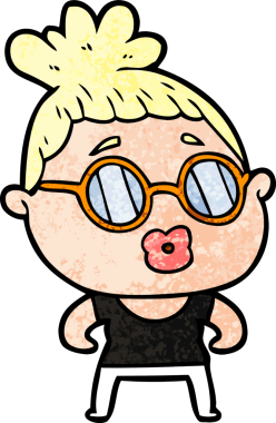 Bir insan tarafından çizilmiş gözlüklü bir karikatür kadın.